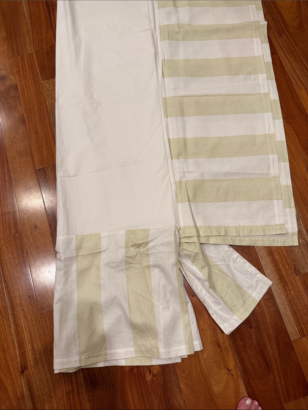 Striped Queen size bed skirt in White and Light Sage